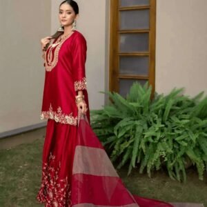 Women's Chinon Silk Sequence Embroidery Work Straight Kurti With Sharara Suit and Dupatta Set